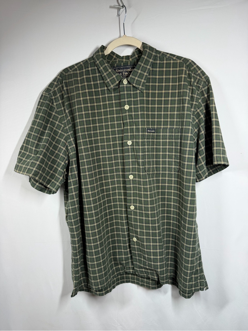 Abercrombie & Fitch Olive Green Plaid Short-Sleeve Button-Down Shirt
